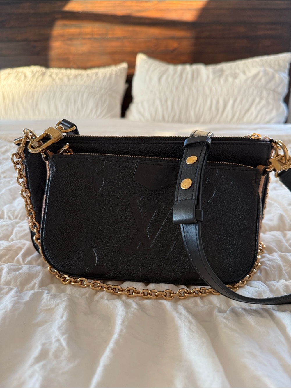Louis Vuitton Multi-Pochette in Black/Leopard Leather Crossbody with Gold Chain
